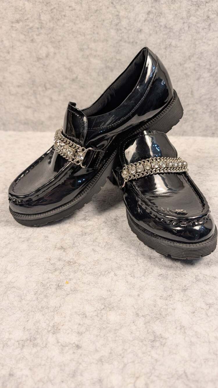 Steve Madden Maybell Black Patent Rhinestone Chain Platform Loafers 5